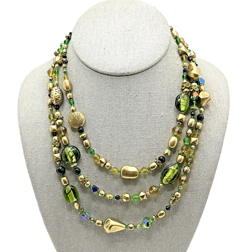 Vintage Green Gold Multi Strand Bead Necklace Boho Crystal Accents Box Clasp 16"